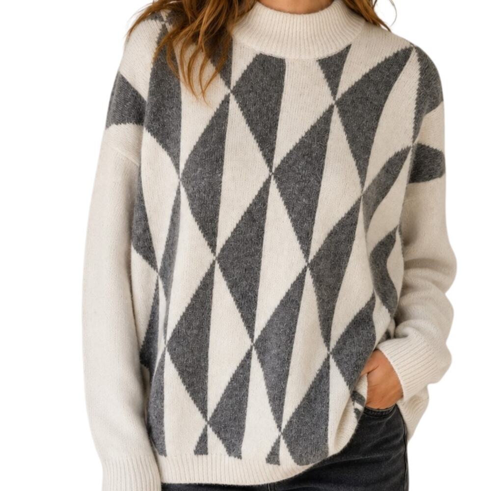 Women's 80s Richard & Company Geometric Sweater Lambswool Angora White Grey L